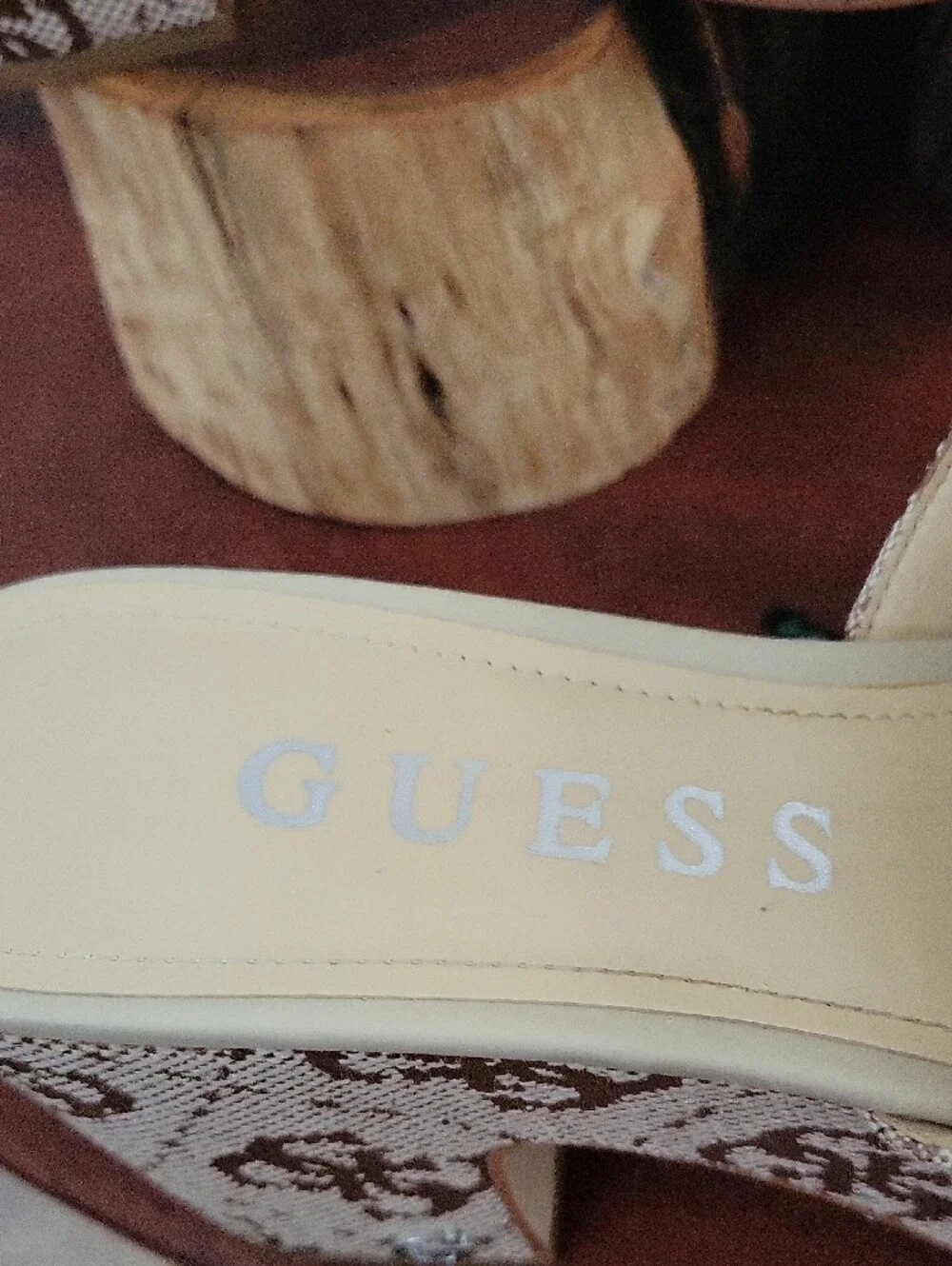 GUESS Yapplea Beige and Brown Logo Platform Mules